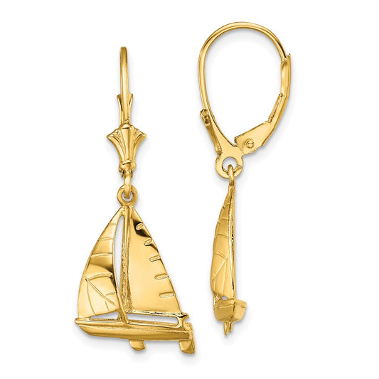 14k Yellow Gold 3-D Sailboat Leverback Earrings