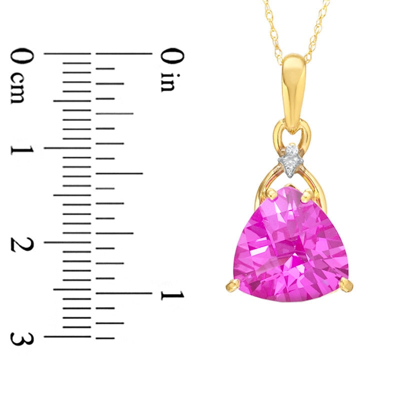 Trillion-Cut Lab-Created Pink Sapphire and Diamond Accent Pendant in 10K Yellow Gold