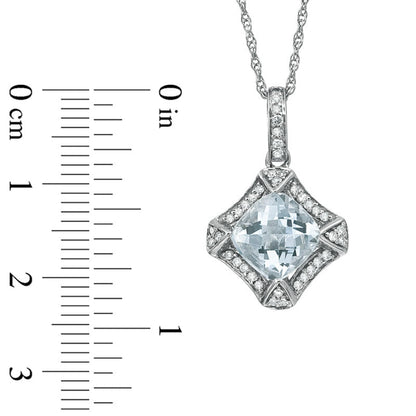 8.0mm Cushion-Cut Aquamarine and 0.2 CT. T.W. Natural Diamond Frame Pendant in Sterling Silver