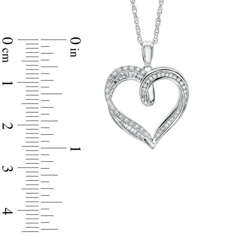 0.25 CT. T.W. Round and Baguette Natural Diamond Heart Pendant in Sterling Silver