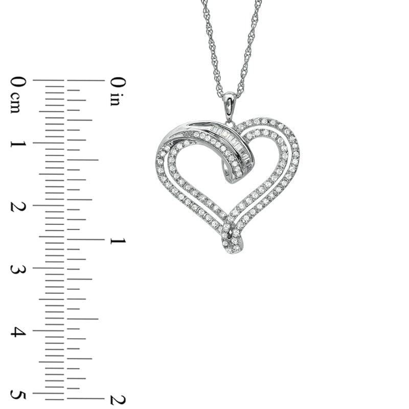 0.33 CT. T.W. Round and Baguette Natural Diamond Heart Pendant in Sterling Silver