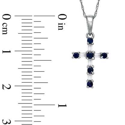 Blue Sapphire and 0.1 CT. T.W. Baguette Natural Diamond Cross Pendant in 10K White Gold