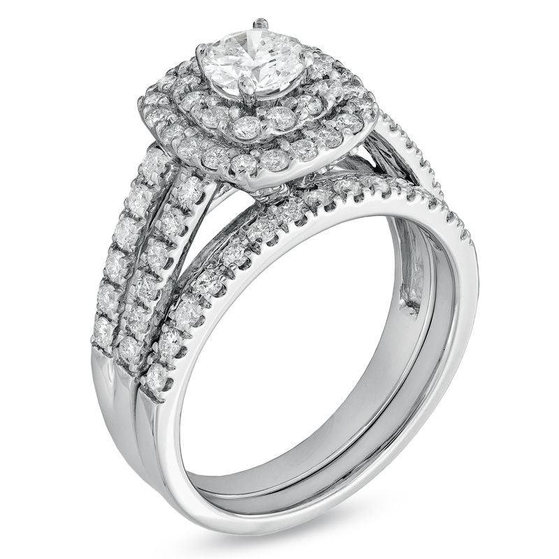 1-1/2 CT. Diamond Double Halo Bridal Engagement Ring Set in 14K White Gold