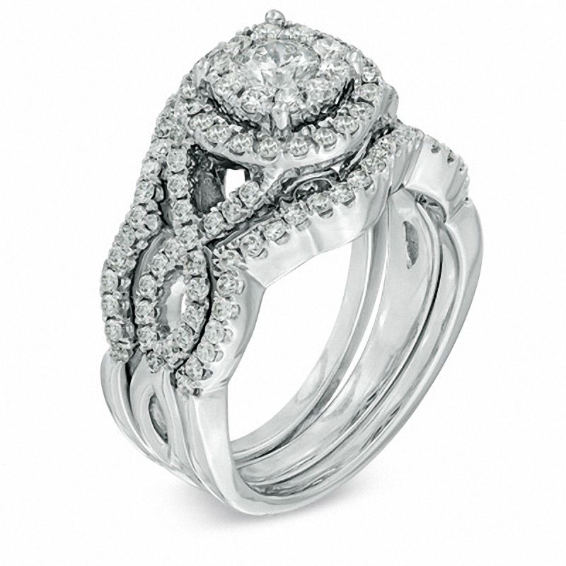 1-1/5 CT. T.W. Diamond Cluster Bridal Engagement Ring Set in 14K White Gold
