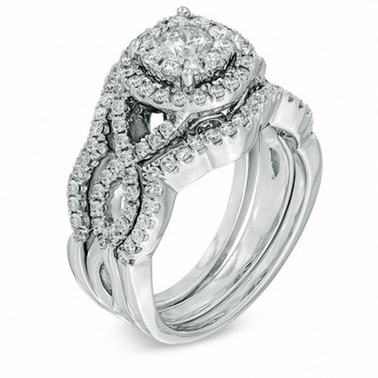 1-1/5 CT. T.W. Diamond Cluster Bridal Engagement Ring Set in 14K White Gold