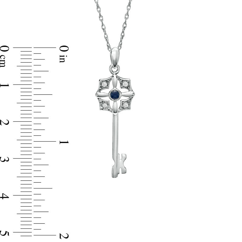 Blue Sapphire and 0.07 CT. T.W. Natural Diamond Key Pendant in Sterling Silver