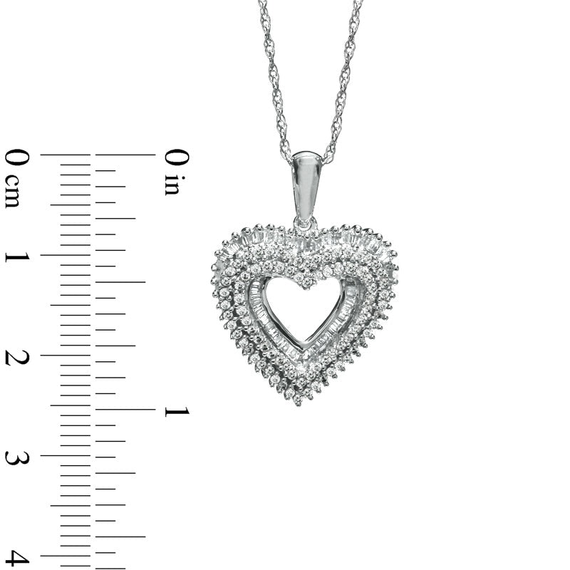 0.75 CT. T.W. Round and Baguette Natural Diamond Heart Pendant in Sterling Silver