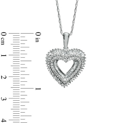 0.75 CT. T.W. Round and Baguette Natural Diamond Heart Pendant in Sterling Silver