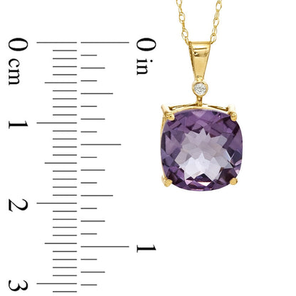10.0mm Cushion-Cut Lab-Created Rose Quartz and Diamond Accent Pendant in 10K Yellow Gold