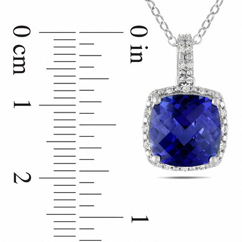 Cushion-Cut Lab-Created Blue Sapphire and 0.1 CT. T.W. Diamond Frame Pendant in Sterling Silver