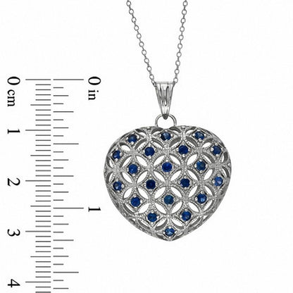 Lab-Created Blue Sapphire Puffed Heart Pendant in Sterling Silver
