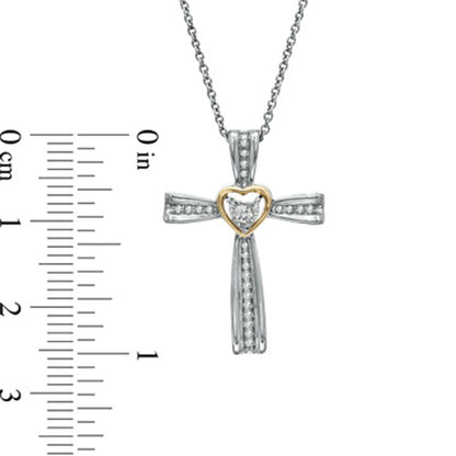 0.1 CT. T.W. Natural Diamond Heart in Cross Pendant in Sterling Silver and 10K Rose Gold