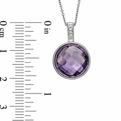 12.0mm Checkerboard Amethyst and Natural Diamond Accent Pendant in Sterling Silver