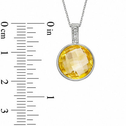 12.0mm Checkerboard Citrine and Natural Diamond Accent Pendant in Sterling Silver