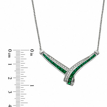 Princess-Cut Lab-Created Emerald and White Sapphire Chevron Necklace in Sterling Silver - 17