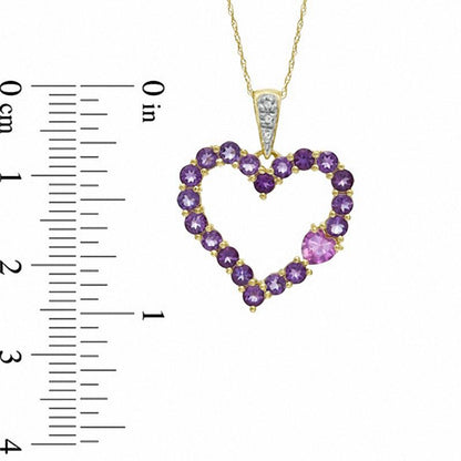 Amethyst, Lab-Created Pink Sapphire and Diamond Accent Heart Pendant in 10K Yellow Gold