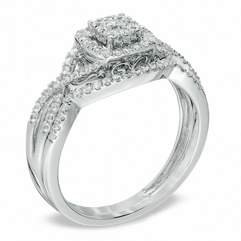 1/2 CT. Diamond Cluster Twist Shank Bridal Engagement Ring Set in 14K White Gold