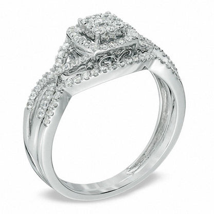 1/2 CT. Diamond Cluster Twist Shank Bridal Engagement Ring Set in 14K White Gold