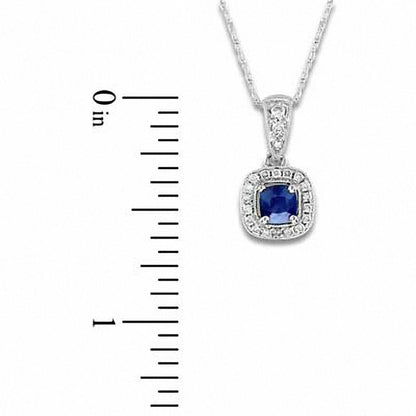 4.0mm Cushion-Cut Blue Sapphire and 0.1 CT. T.W. Natural Diamond Frame Pendant in 14K White Gold