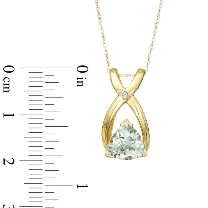 8.0mm Trillion-Cut Green Quartz and Natural Diamond Accent Wishbone Pendant in 10K Yellow Gold