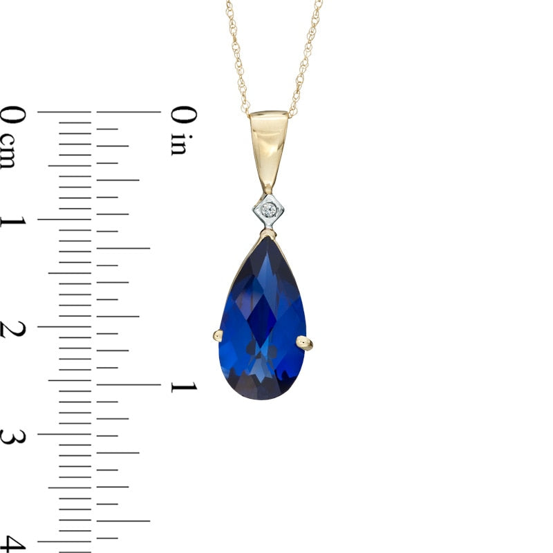 Pear-Shaped Lab-Created Blue Sapphire and Diamond Accent Pendant in 10K Yellow Gold