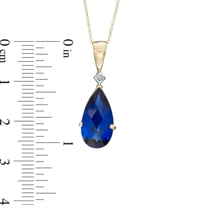 Pear-Shaped Lab-Created Blue Sapphire and Diamond Accent Pendant in 10K Yellow Gold