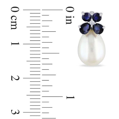 8.0 - 8.5mm Cultured Freshwater Pearl, Blue Sapphire and Diamond Accent Earrings in 10K White Gold