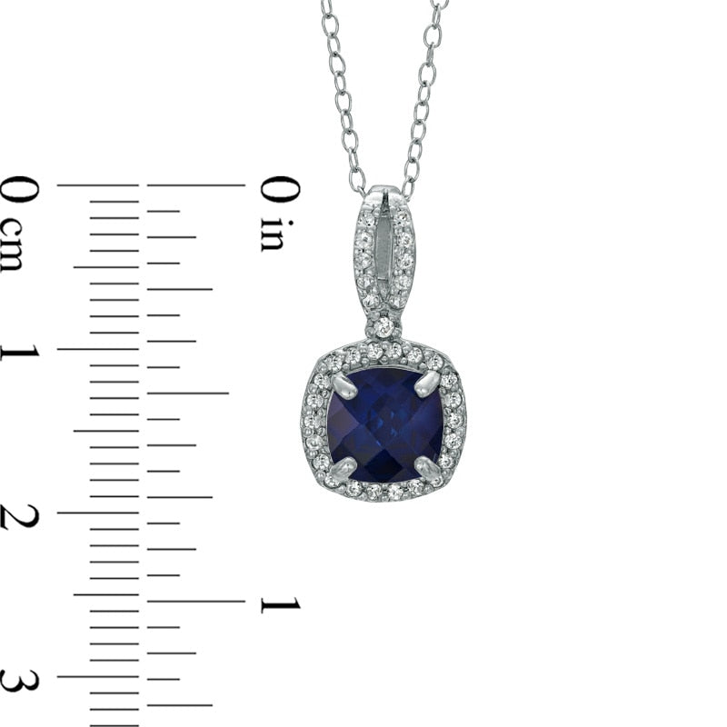 7.0mm Cushion-Cut Lab-Created Blue and White Sapphire Pendant in Sterling Silver
