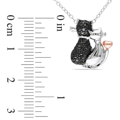 Enhanced Black Natural Diamond Accent Loving Cats Pendant in Two-Tone Sterling Silver with Beaded Black Rhodium