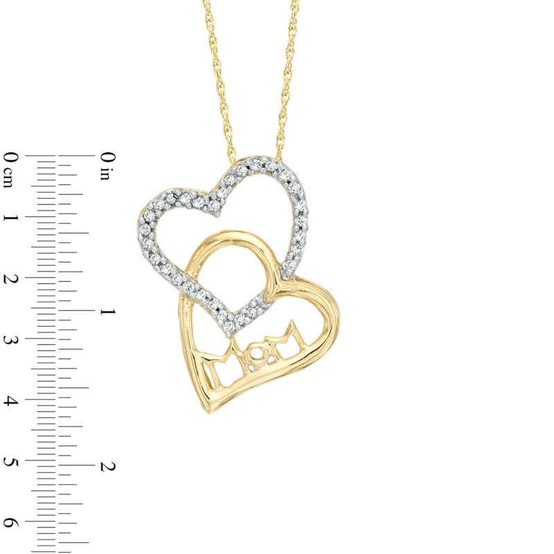 0.1 CT. T.W. Natural Diamond Double Heart Mom" Pendant in 10K Yellow Gold"