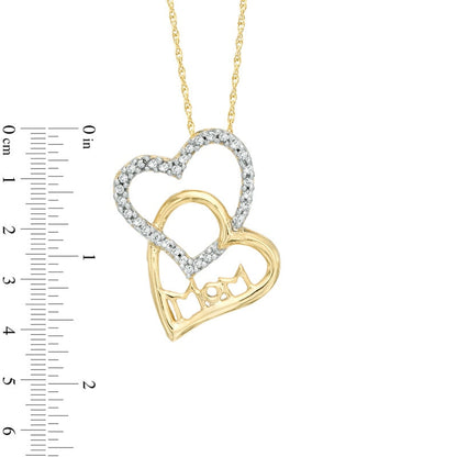 0.1 CT. T.W. Natural Diamond Double Heart Mom" Pendant in 10K Yellow Gold"