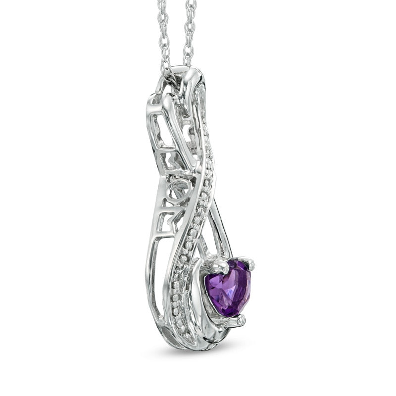 5.0mm Heart-Shaped Amethyst and Natural Diamond Accent Infinity Heart MOM" Pendant in Sterling Silver"