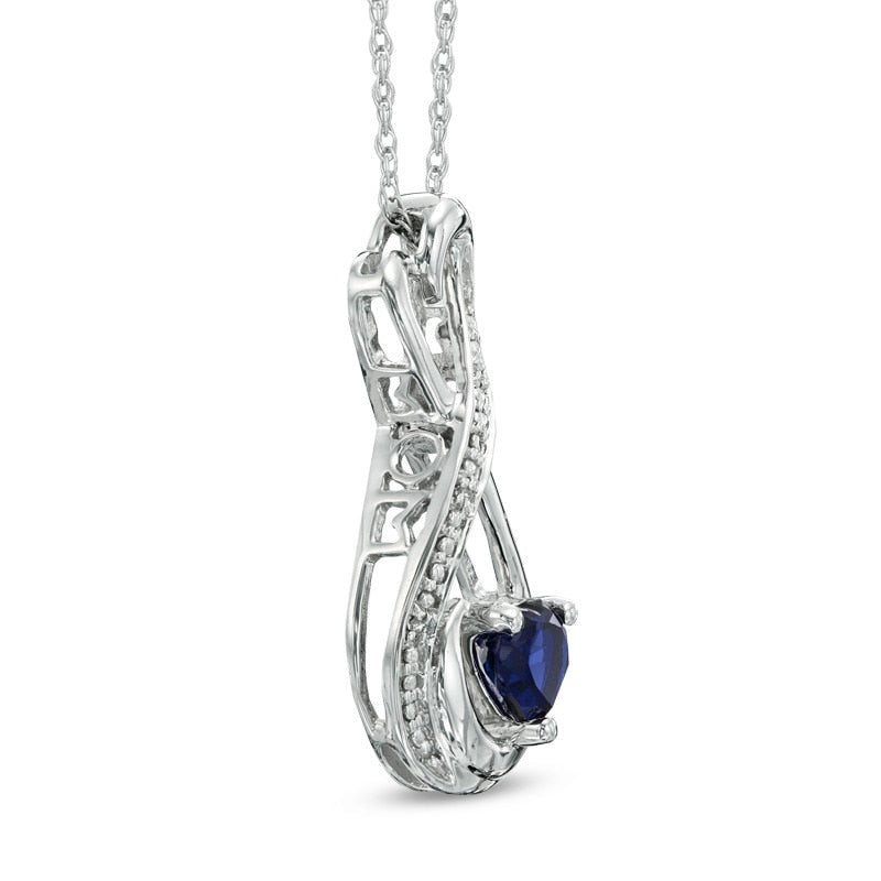 5.0mm Heart-Shaped Lab-Created Blue Sapphire and Diamond Accent Infinity Heart MOM" Pendant in Sterling Silver"