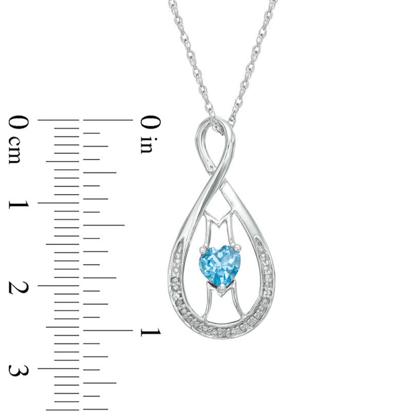 5.0mm Heart-Shaped Blue Topaz and Natural Diamond Accent MOM" Infinity Pendant in Sterling Silver"