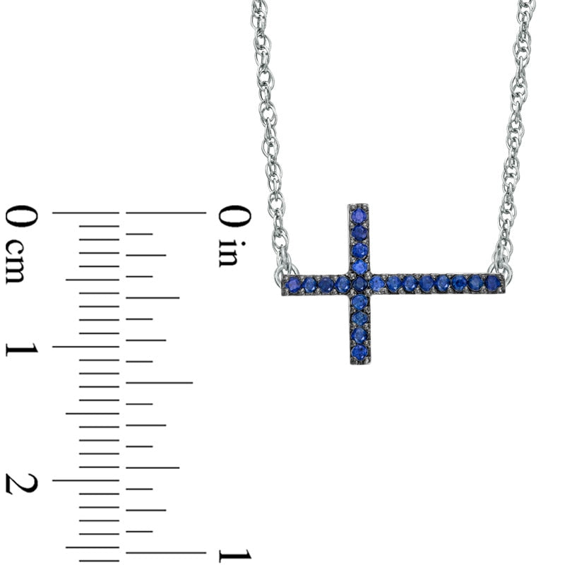 Lab-Created Blue Sapphire Sideways Cross Necklace in Sterling Silver