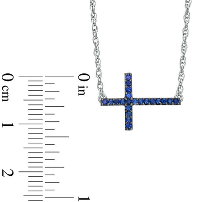 Lab-Created Blue Sapphire Sideways Cross Necklace in Sterling Silver