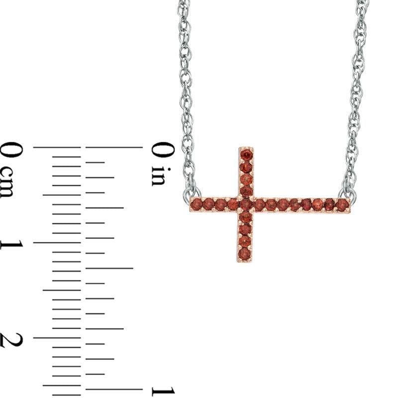 Garnet Sideways Cross Necklace in Sterling Silver