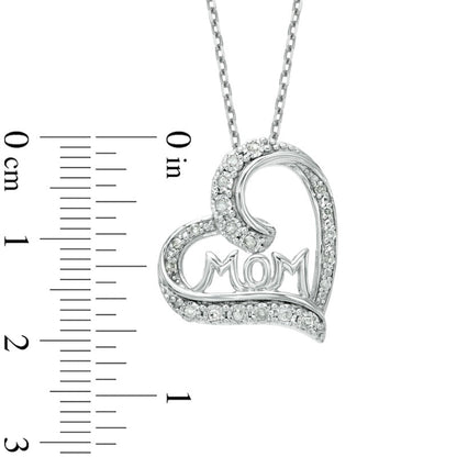0.1 CT. T.W. Natural Diamond Tilted Heart with MOM" Pendant in Sterling Silver"