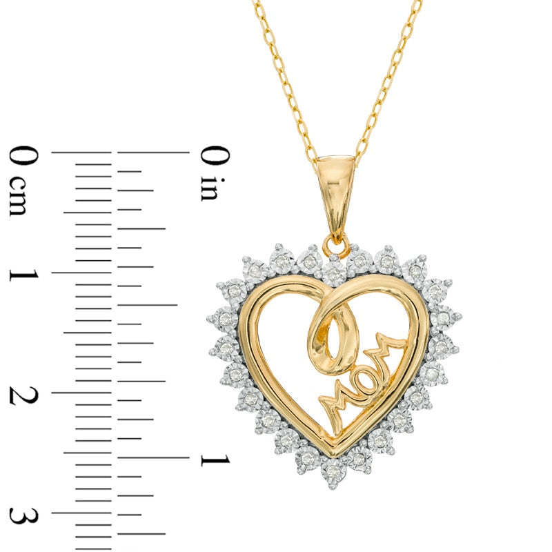 0.1 CT. T.W. Natural Diamond Shadow Heart with MOM" Pendant in Sterling Silver and 14K Gold Plate"