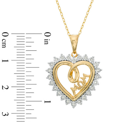 0.1 CT. T.W. Natural Diamond Shadow Heart with MOM" Pendant in Sterling Silver and 14K Gold Plate"