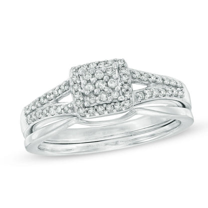 1/4 CT. T.W. Diamond Square Cluster Halo Bridal Engagement Ring Set in 14K White Gold