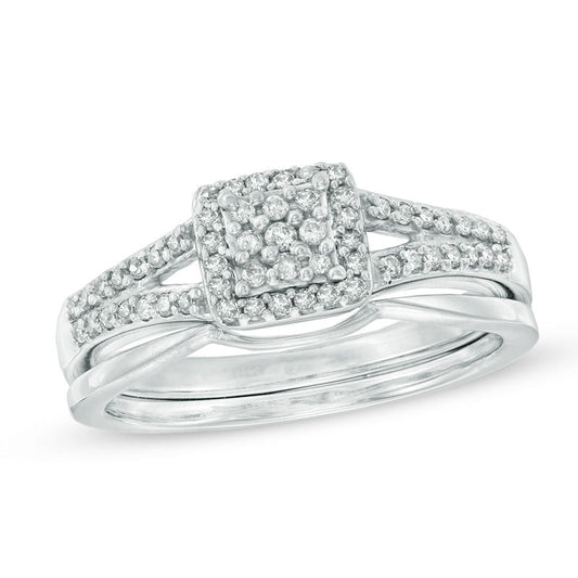 1/4 CT. T.W. Diamond Square Cluster Halo Bridal Engagement Ring Set in 14K White Gold