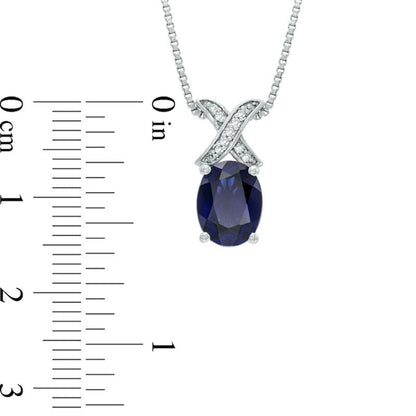 Oval Lab-Created Blue Sapphire and Diamond Accent X" Pendant in Sterling Silver"