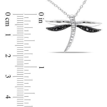 Enhanced Black Natural Diamond Accent Dragonfly Pendant in Two-Tone Sterling Silver