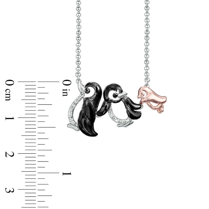 Natural Diamond Accent Penguin Family Necklace in Sterling Silver and 18K Rose Gold Plate - 16