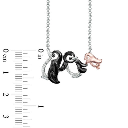 Natural Diamond Accent Penguin Family Necklace in Sterling Silver and 18K Rose Gold Plate - 16