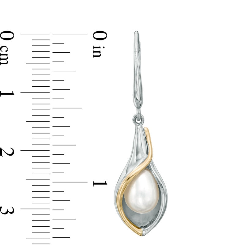 6.0 - 7.0mm Cultured Freshwater Pearl Calla Lily Earrings in Sterling Silver and 14K Gold Plate