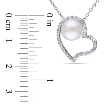 8.0 - 8.5mm Cultured Freshwater Pearl and 0.1 CT. T.W. Natural Diamond Heart Pendant in Sterling Silver