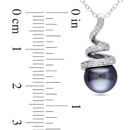 8.0 - 8.5mm Black Cultured Tahitian Pearl and 0.1 CT. T.W. Natural Diamond Spiral Pendant in Sterling Silver