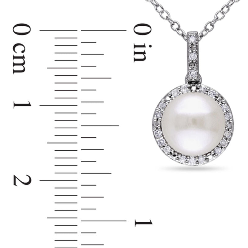 8.0 - 8.5mm Button Cultured Freshwater Pearl and 0.1 CT. T.W. Natural Diamond Frame Pendant in Sterling Silver